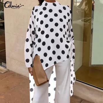 

Celmia Women Dot Print Blouses Vintage Shirts 2020 Casual Loose Long Sleeve Asymmetrical Tunic Tops Plus Size Long Blusas Mujer