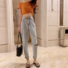 Hong Kong со вкусом шик мыть водой с высокой талией отверстие-подсветка стрелок часов в нижней части джинсовые штаны тренд прямые брюки