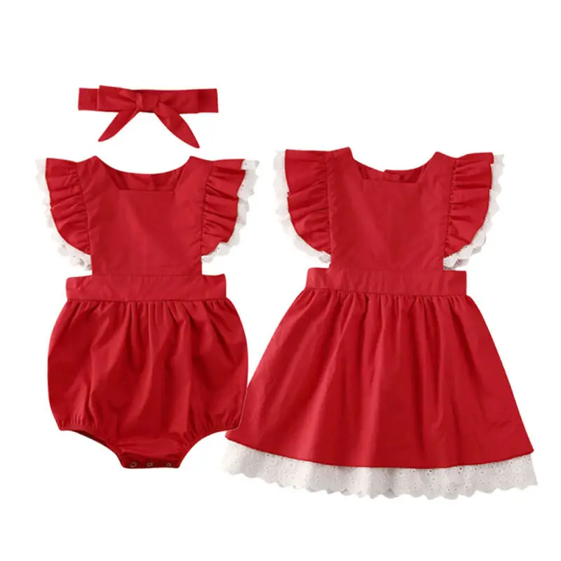 

Sister Matching Outfit Kid Baby Girl Romper Dress Xmas Clothes Ruffles Lace Sleeve Solid A-Line Dress Or Rompers