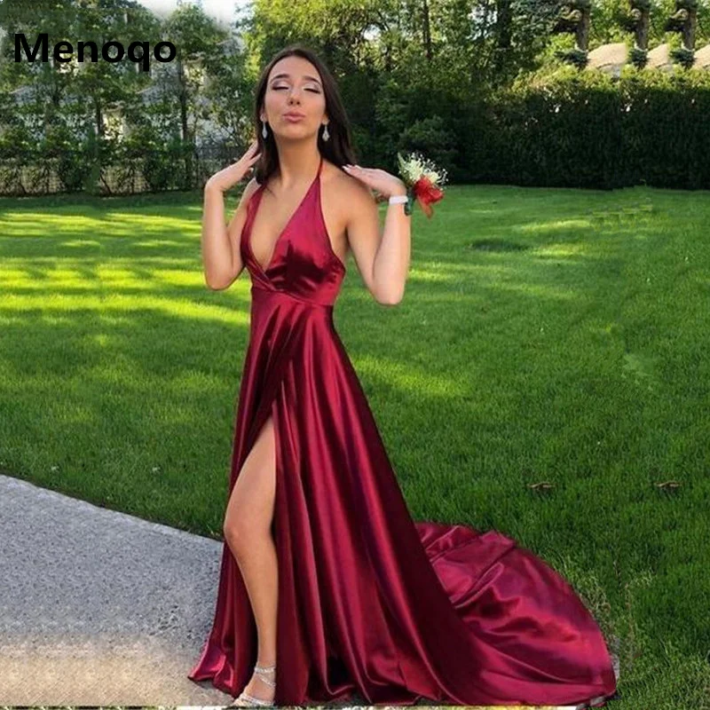 Атласное Платье De Soiree Спагетти ремни V шеи линии выпускного вечера платья с Боковым Разрезом Длинные развертки поезд спинки особых случаев