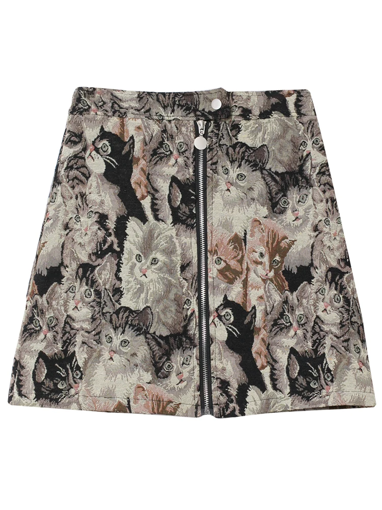 Мини-юбка трапециевидной формы с принтом кота Женская винтажная юбка-карандаш для вышивки облегающая юбка с высокой талией Mujer Auutmn Весна юбка на молнии