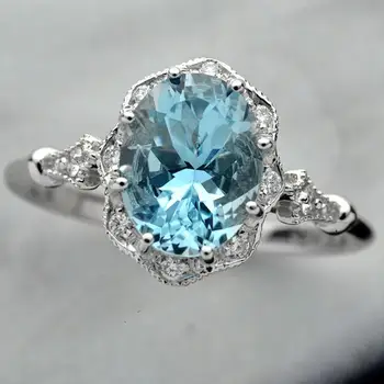 

Vintage fashion blue crystal topaz aquamarine gemstones diamond rings women white gold silver color jewelry bijoux bague party
