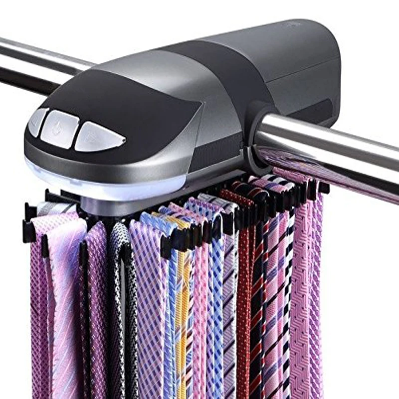 

Electric Rotary Tie Rack With LED light Wardrobe Storage Holders Scraf Organizer for Living Room Up to 45 Ties and 8 belts