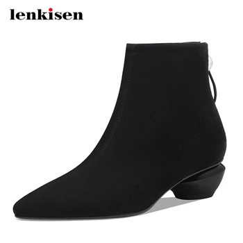 

Lenkisen large size sheep suede high street fashion convenient pointed toe med strange heel zipper daily wear ankle boots L8f3