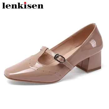 

Lenkisen 2020 new natural leather square toe high heels Mary janes French romantic streetwear shoes women buckle strap pumps L69