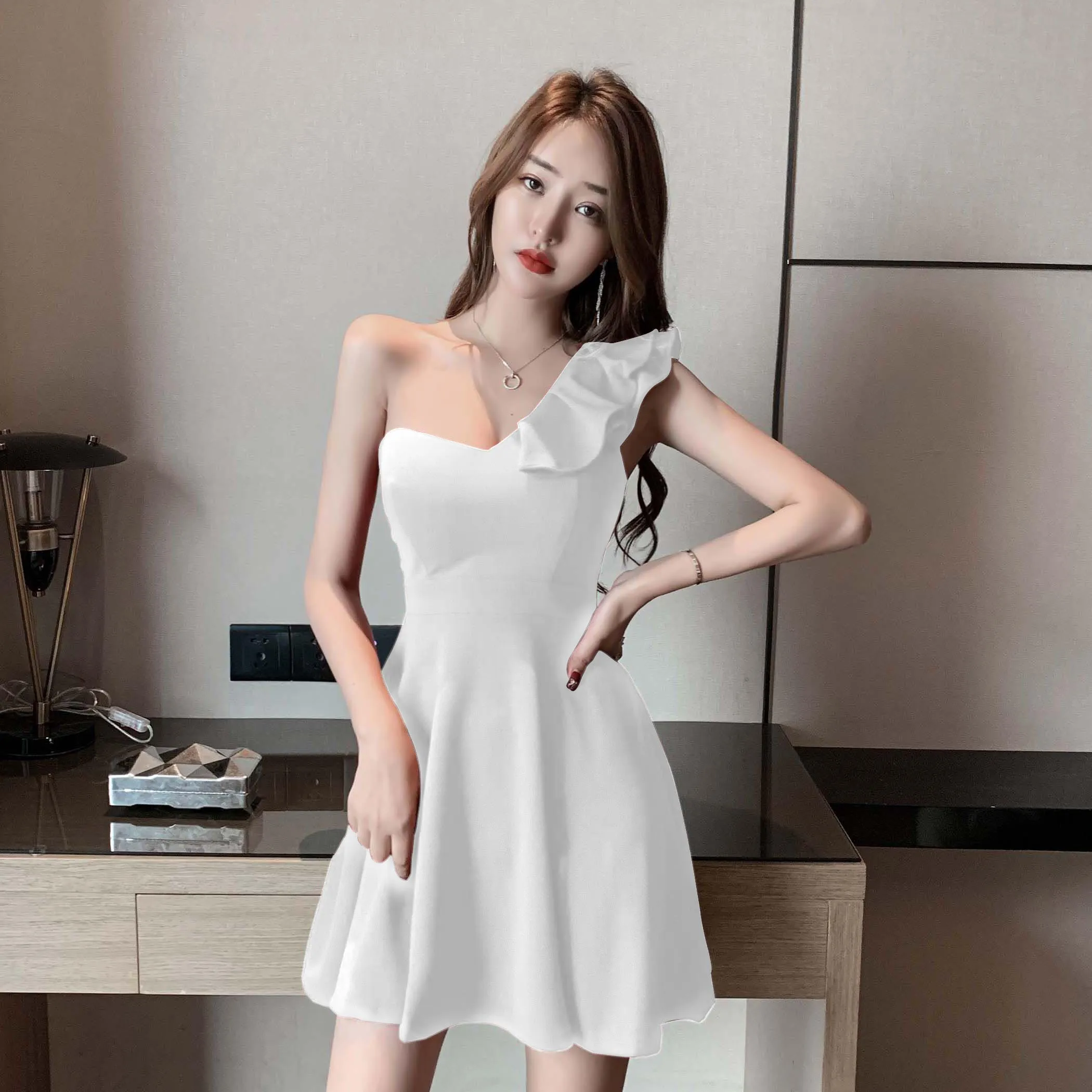 Nightclub women fashion temperament female low-cut oblique shoulder  burgundy sexy dress Office Lady Polyester