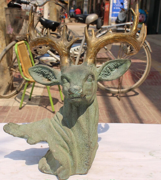 wholesale factory 13&quot Chinese Bronze Gilt Carved Animal Deer Buck Stag Giraffe Head Bust Statue | Дом и сад