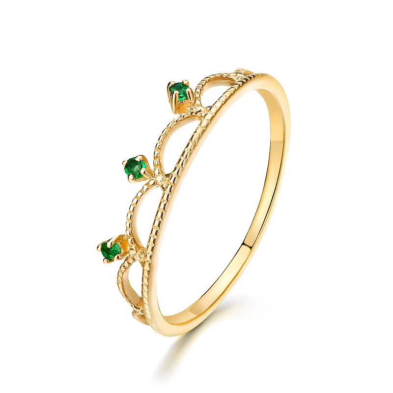 

Elegant Crown Emerald 14K Real Solid Gold Rings Bands for Women Female Luxury Fancy Upscale Genuine Gemstone Office Jewelry Gift