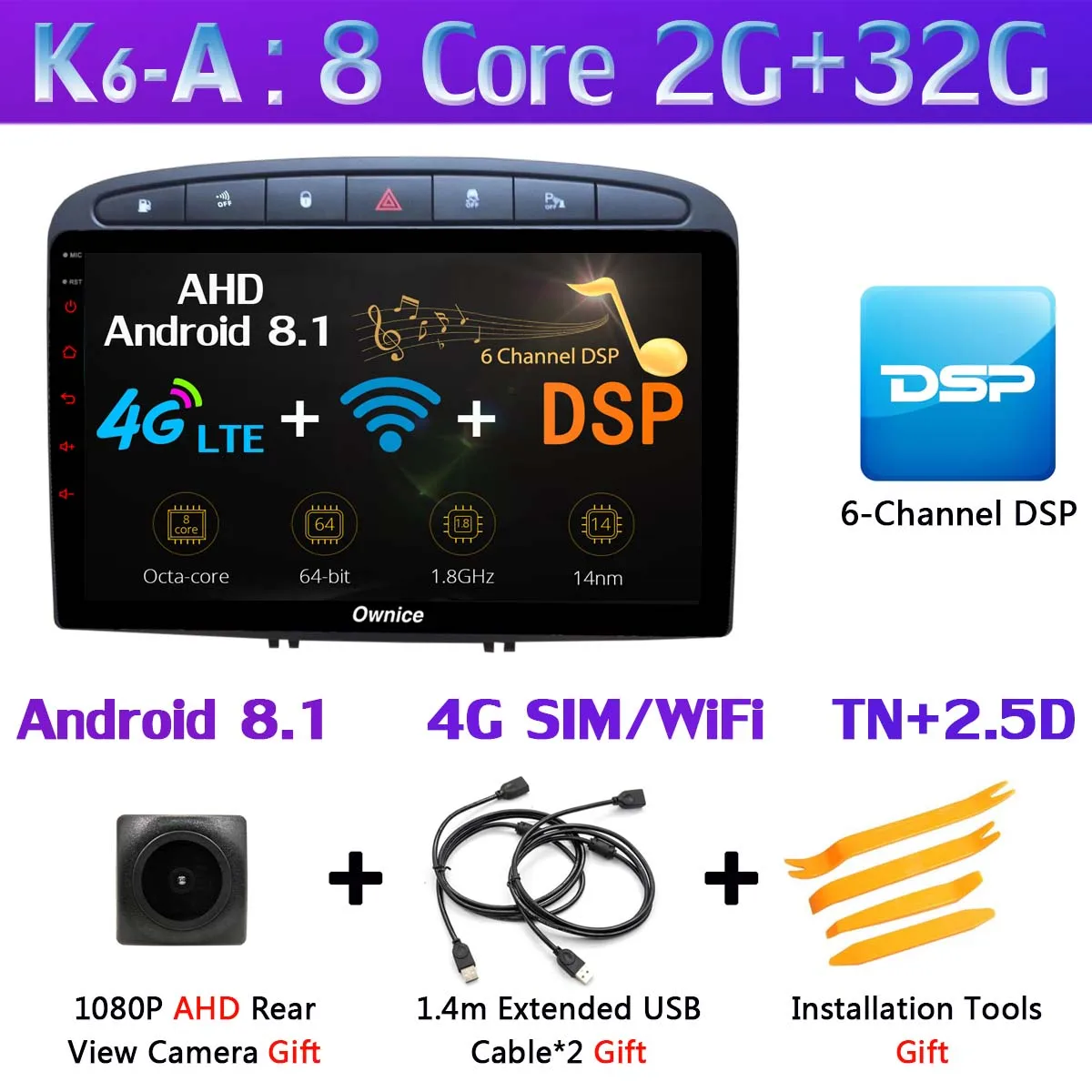 360 ° камера 4G WiFi Android 9,0 4G+ 64G gps радио CarPlay DSP автомобильный мультимедийный плеер для peugeot 308 308SW PG 408 Авто головное устройство - Цвет: K6-A