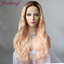 Lvcheryl коричневые корни к персику блонд Синтетические Кружева передние парики натуральные длинные волнистые волосы термостойкие парики для женщин