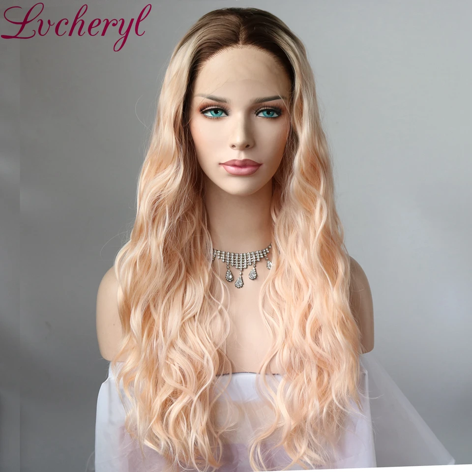 Lvcheryl Brown Roots To Peach Blonde Synthetic Lace Front Wigs