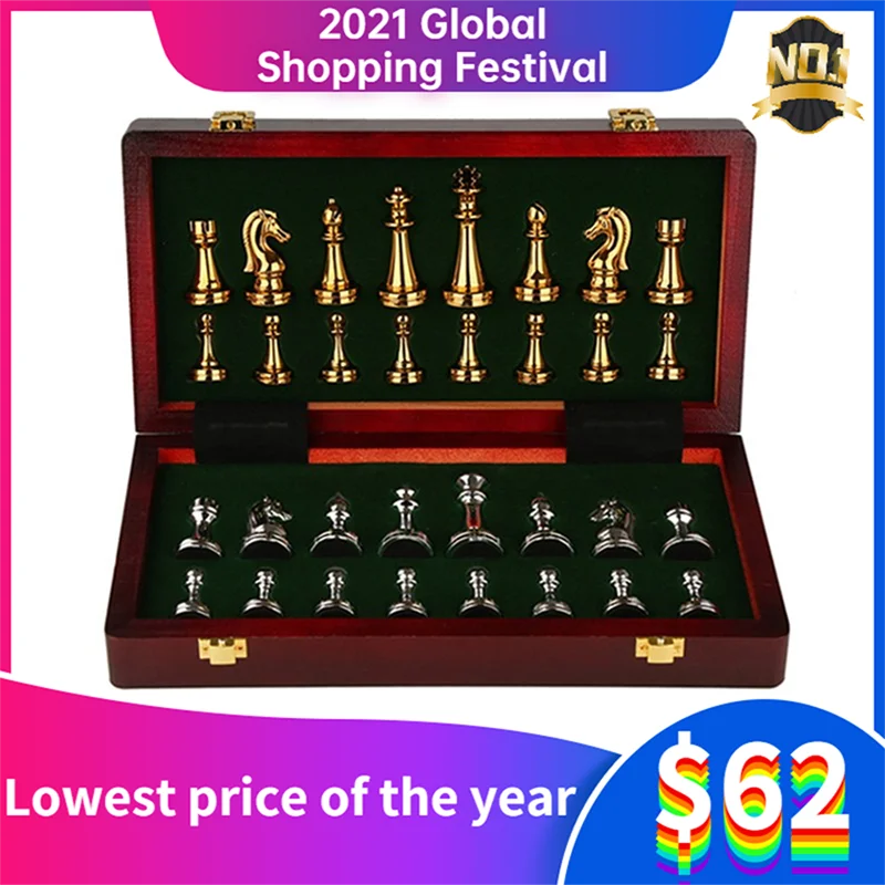 Professional Chess Pieces International Metal 30*30cm Folding Table Games with Wooden Box Children and Aldult Gift Ornaments New
