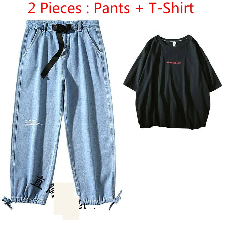 

Boys 2 Piece Set] New Boys Loose Men's Straight Cropped Jeans + Short Sleeve T-Shirt Men's Set
