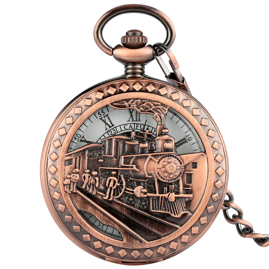 

Steampunk Train Manual Mechanical Pocket Watch Roman Numeral Design Hand Winding Antique Pendant Clock with Fob Pocket Chain
