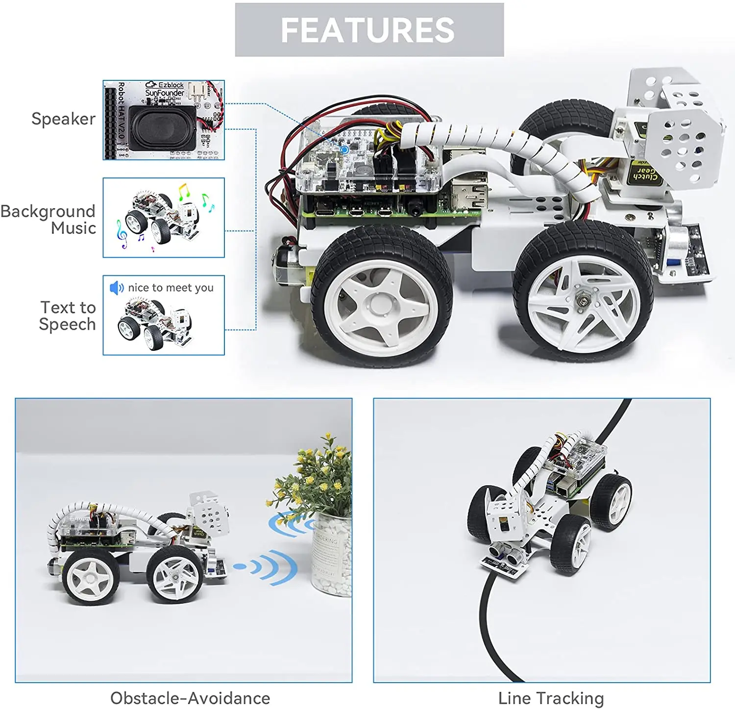 SunFounder Raspberry Pi Smart Video Robot Car Kit for Raspberry Pi, Supports Ezblock/Python Code Control and Web Control