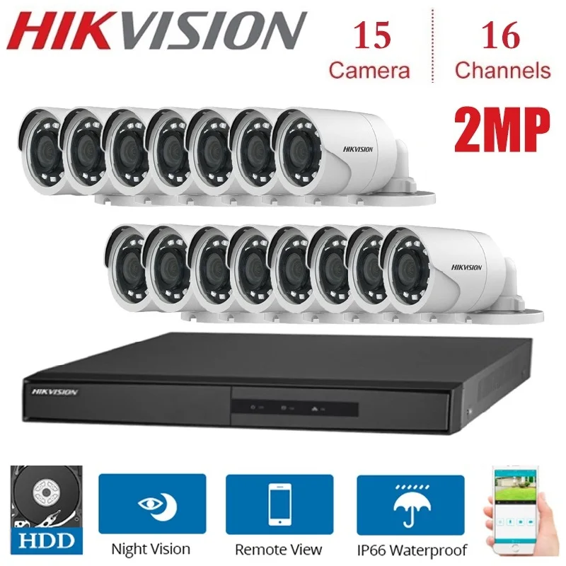 Наружный 2-мегапиксельный 16-канальный Hikvision DVR met 15pcs 2MP 4 в 1 TVI/CVI AHD/CVBS Camera Beveiliging