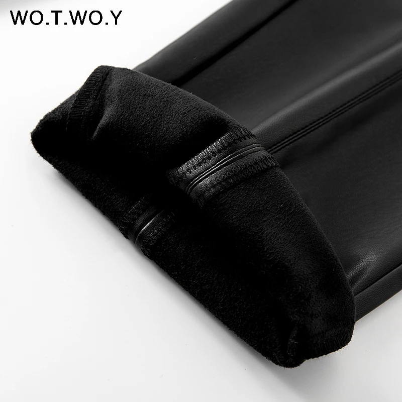 WOTWOY 2019 Осень Зима Высокая талия кожаные зауженные брюки женские уличные тонкие длинные кожаные брюки женская кофта с капюшоном