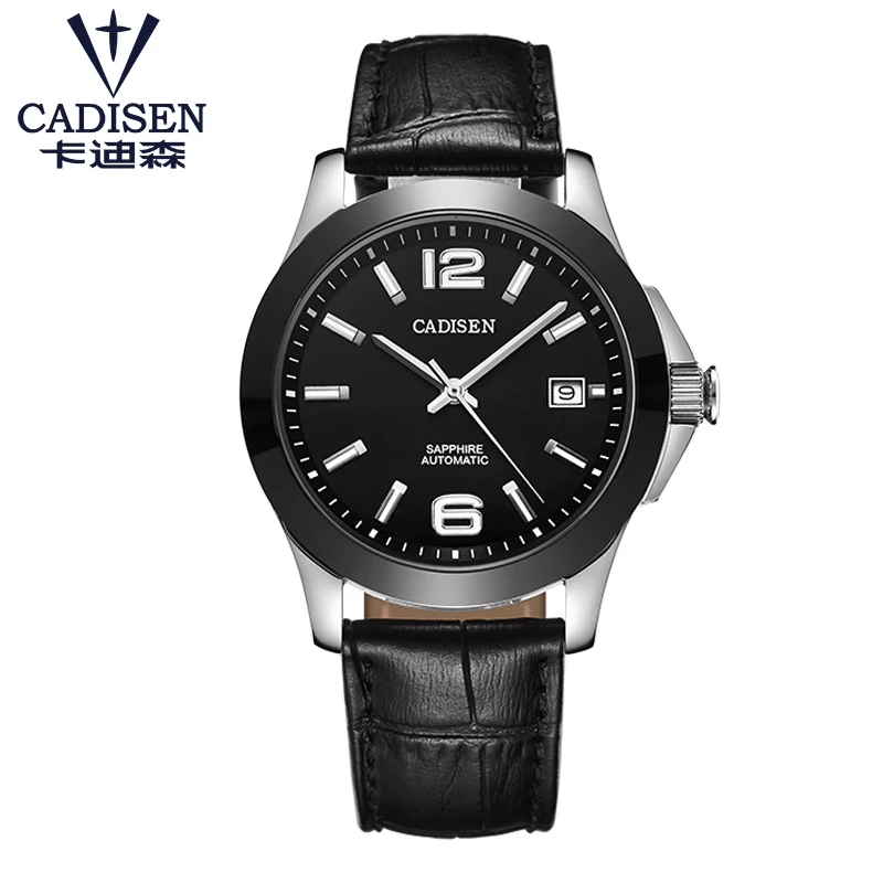 

CADISEN Men Watches Classic Mens AUTO Date automatic Mechanical Watch Analog Skeleton Black Leather Man black ceramic Wristwatch