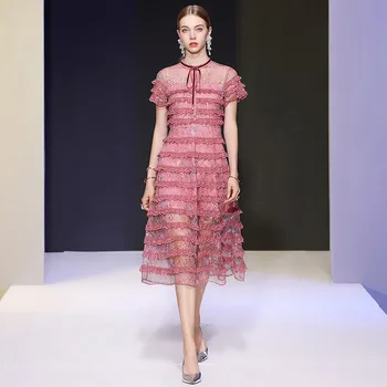 

Seifrmann Summer Women Fashion Designer Cake Dress Short Sleeve Lace Cascading Ruffle Elegant Female A-Line Dresses vestidos