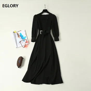 

Black Long Dress 2019 Autumn Fashion Vestidos Evening Women V-Neck Metal Buckle Belt Patchwork Ankle Length Long Maxi Dress