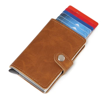 

Men Automatic Credit card holder Crazy Horse Leather Wallet Aluminum Mini Wallet With Back Pocket ID Card RFID Blocking purse