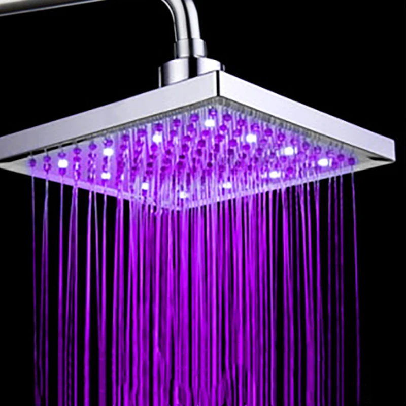 

VEHHE LED Top Rainfall Stainless Steel Shower Head 8 Inch Square Bath Water Temperature Ceiling Mounted LED Nozzle Shower