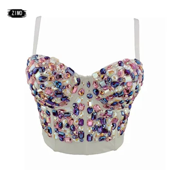 

Ballroom Costume Stage Party Club bra sexy Rainbow Crystal Rhinestone Push Up Bustier Crop Top Corset Bralette rave festiva tops