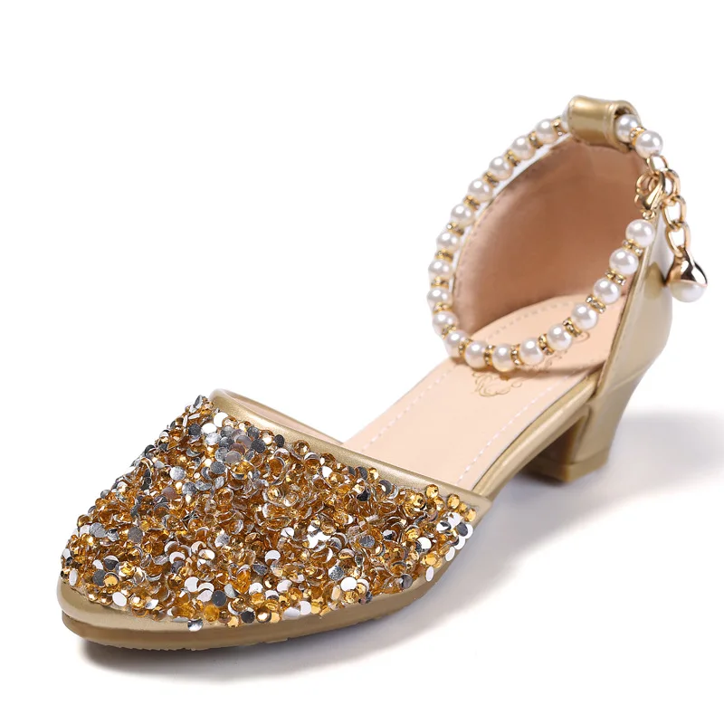 

Модные блестящие женские туфли принцессы детская кожаная обувь для девочек на высоком каблуке вечерние лeтниe джинсoвыe для детей пляжное платье сандалии девичьи 10