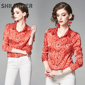 

2020 spring autumn runway fashion designer tops for women long sleeve blouse slim casual print elegant beautiful lapel shirt red