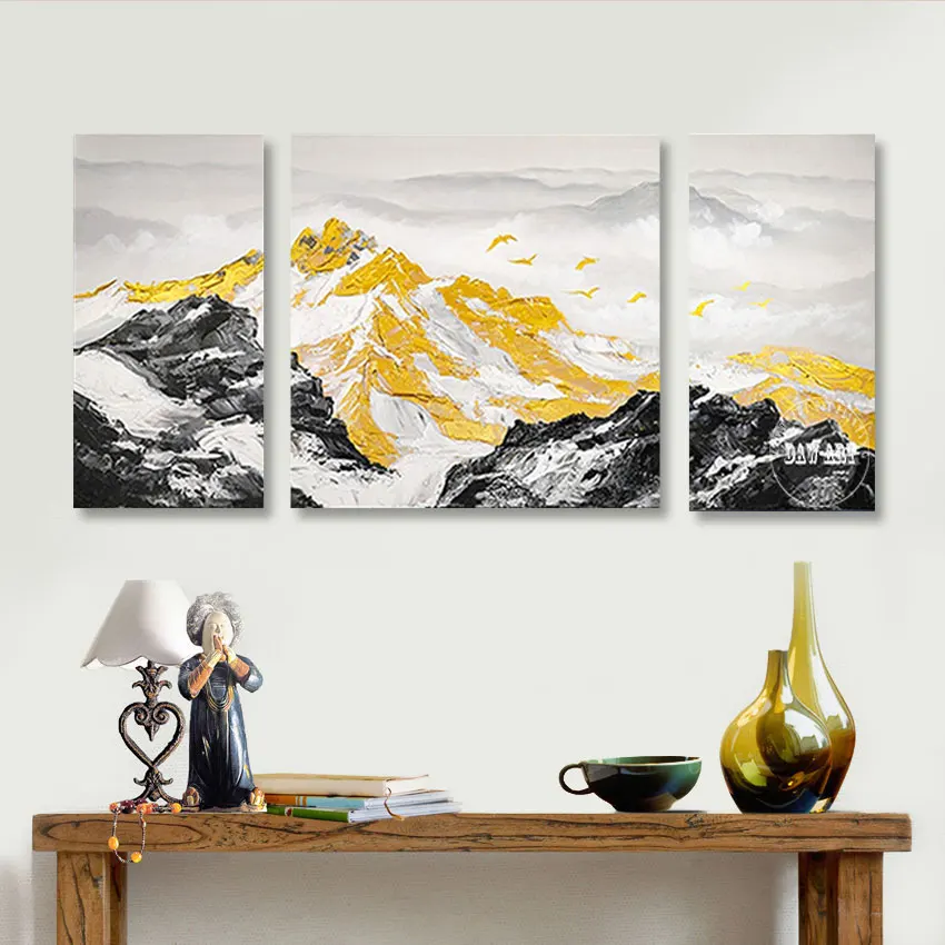 

Mountain Scenery Art Picture Frameless Wall Poster 3PCS Gold Foil Painting New Design Canvas Abstract Restaurant Decor Artwork