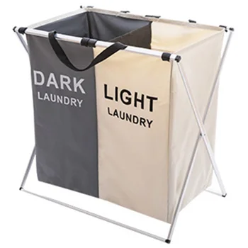 

Laundry Basket Two Grids Dirty Clothes Storage Basket Organizer Basket Collapsible Waterproof Folding Large Laundry Hamper-Grey+