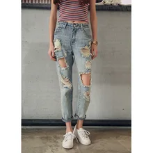 Осень Зима Новое поступление BF корейский стиль Рваные дыры лодыжки длина шаровары джинсы нейлоновые брюки нищий Стиль студентов повседневные джинсы