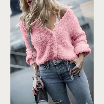 

Winter Women Coat Jacket Autumn Winter Button Soft Plush Warm Women Coats Causal Long Sleeve Solid V-Neck Coats