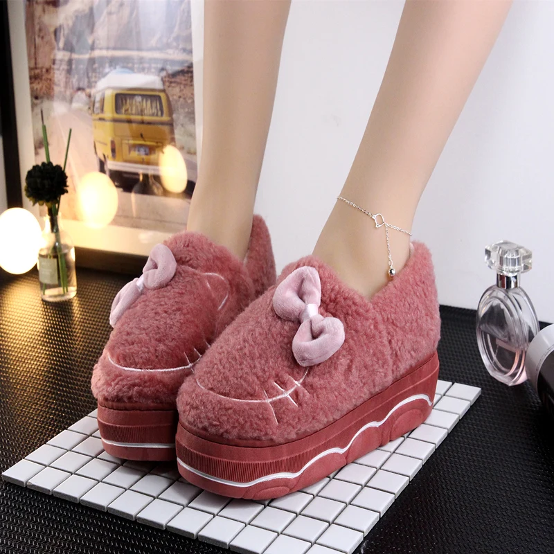 

Women Slippers Winter Warm 5cm High Heels Cartoon Cat Thick Bottom Fur Platform Slippers Cute Bow Ladies Home Indoor Shoes