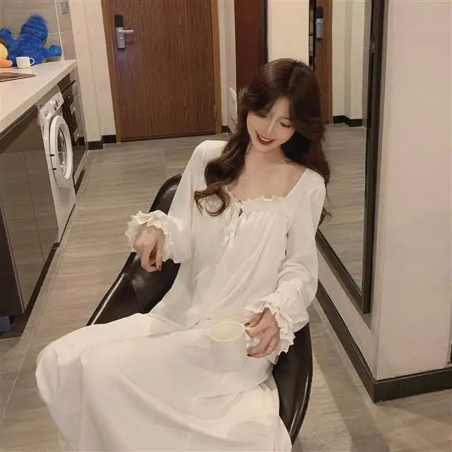 Women Nightgowns Long Sleeve Cotton Sleepwear Dress for Spring Summer