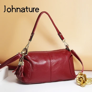 

Johnature 2020 New Cow Leather Women Bag Fashion Tassel Handbag Casual Soft Cowhide Shoulder Bags Lady Luxury Messenger Bag