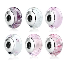 BAMOER 925 пробы серебряный прекрасный розовый цветок европейские; из муранского стекла стеклянные бусы, амулеты для DIY Браслеты Рождество Дело SCZ001