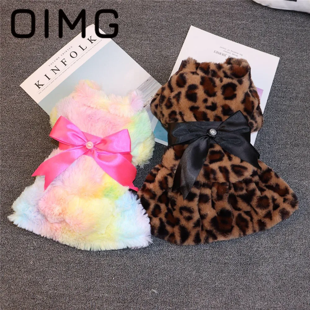 

OIMG Leopard Tie Dye Dress For Small Dogs Clothes With Bowknot Fleece Soft Puppy Outfits Schnauzer Chihuahua Princess Pet Skirts