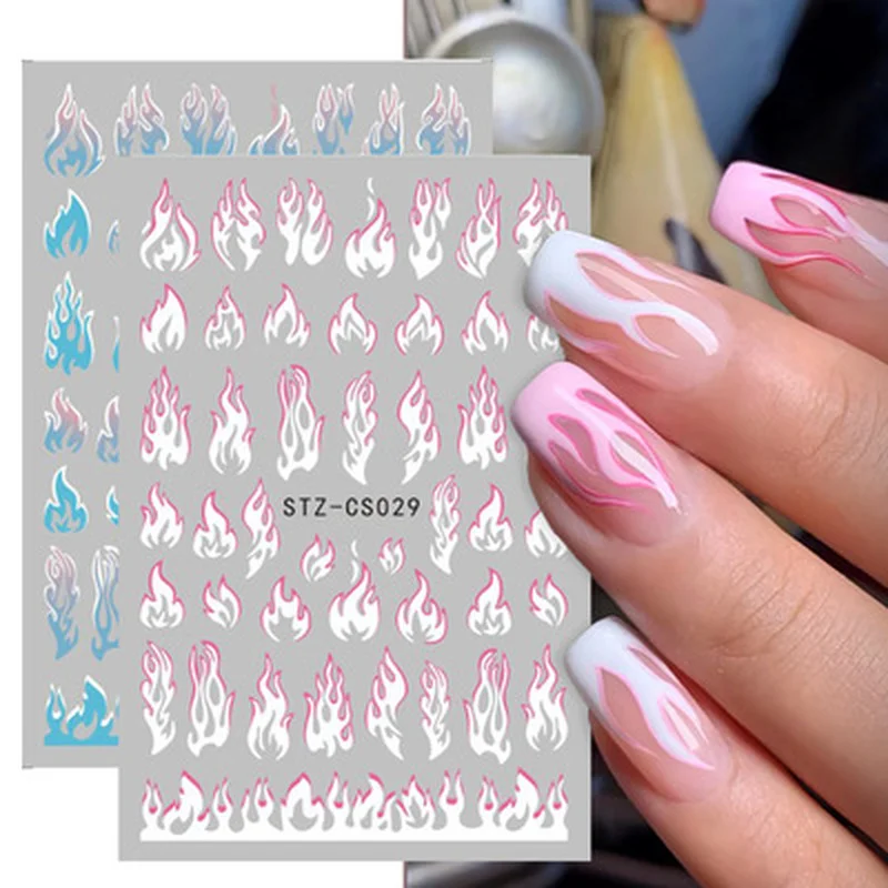 Fire Flame Nail Art Stickers 3D Pink Black Design Adhesive Slider Foils Blue DIY Wraps Summer Decoration Decals