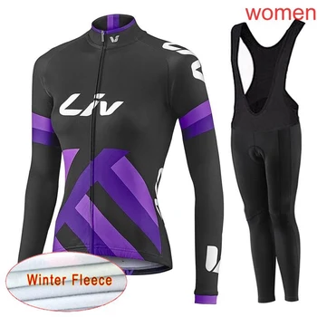 

Women cycling winter Thermal Fleece jersey bib pant sets long sleeves warm bicycle clothing MTB outdoor sportwear s70965