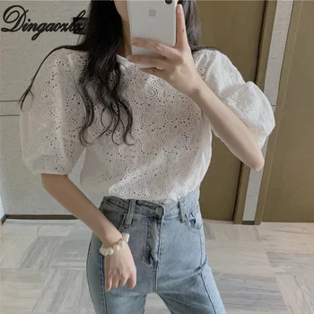 

Dingaozlz Sweet Bubble sleeve Summer embroidered Tops Hollow out blouse Elegant Flower Women White shirt