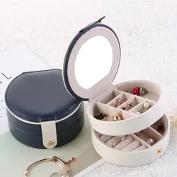 Круглая коробка для хранения ювелирных изделий простая мода сплошной цвет кожа с зеркалом водонепроницаемый милый сладкий Портативный