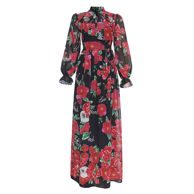 MD Dinner Dresses For Women 2022 New African Spring Summer Elegant Gown Flowers Printed Dashiki Long Dress Ladies Clothing 229# black