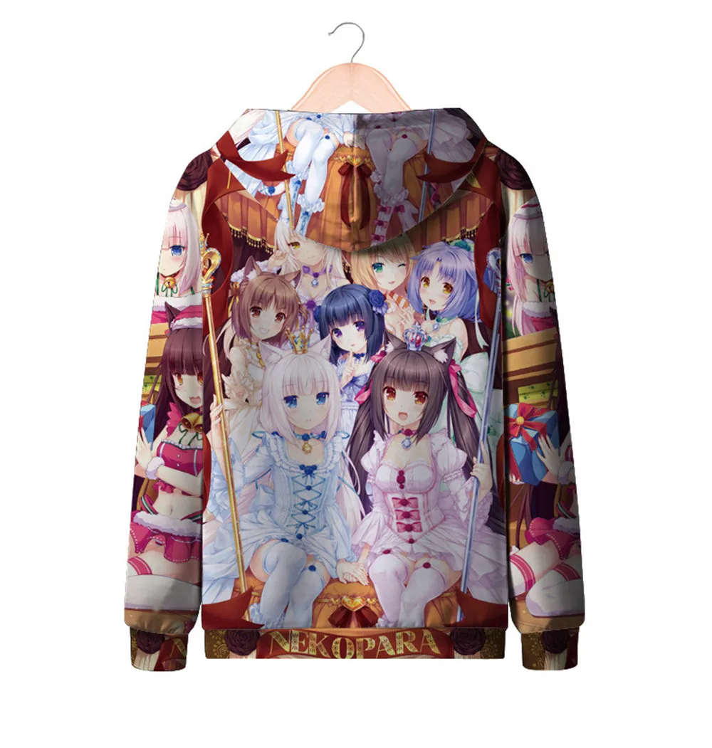 Толстовки с капюшоном на молнии для девочек с героями мультфильмов Nekopara chocolat vanilla женские повседневные толстовки в стиле хип-хоп с 3D принтом пальто с капюшоном