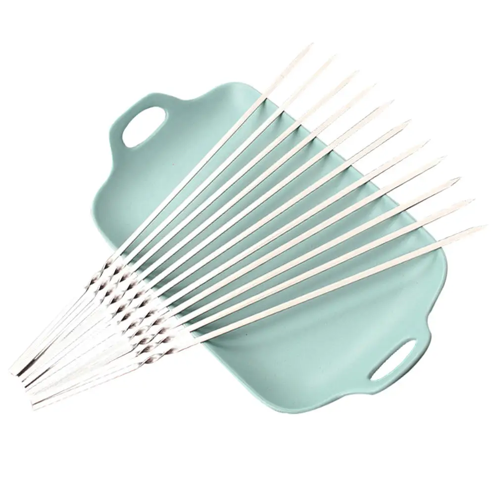 10pcs Reusable Flat Stainless Steel Barbecue Skewers Bbq Needle Stick For Outdoor Camping Picnic & Cooking Tools