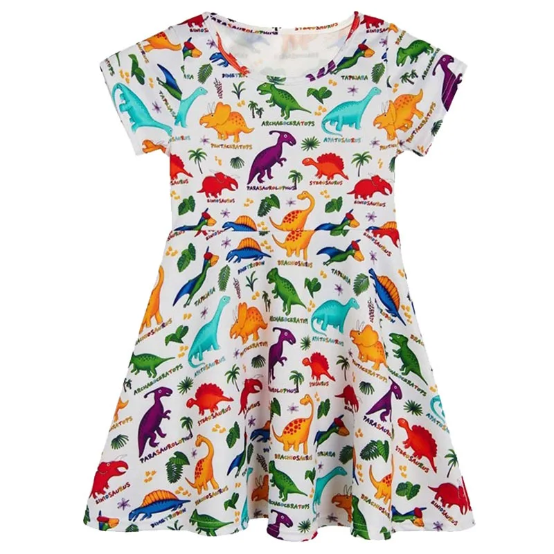 Europe And America Girls Dress Children Dinosaur Printed Clothes Little Girl Qmilch Short-sleeve Dress 3909