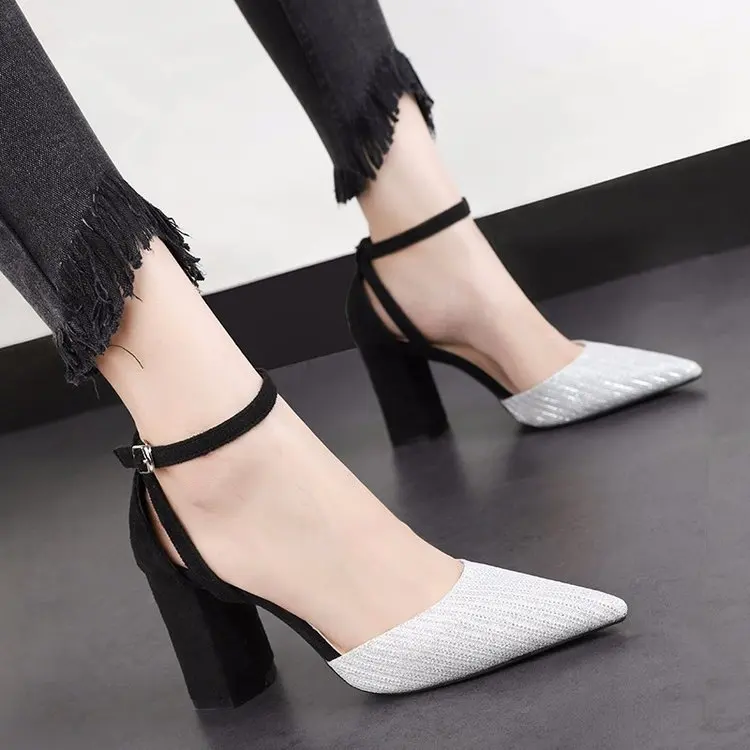 

2019 Spring And Summer New Style WOMEN'S Sandals Sequin Pointed-Toe High Heel Shoes Versatile Chunky-Heel Low-Cut A- line Buckle