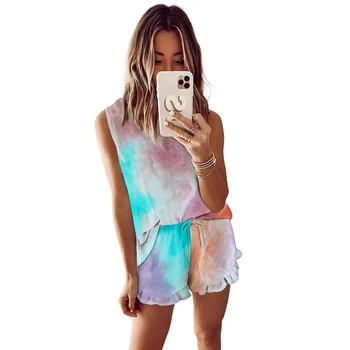 

2020 New Tie Dye Printed Women Pajamas Sleeveless Tops Shorts Pajamas Set Lounge Wear Nightwear Casual Sleepwear Leisure Wear