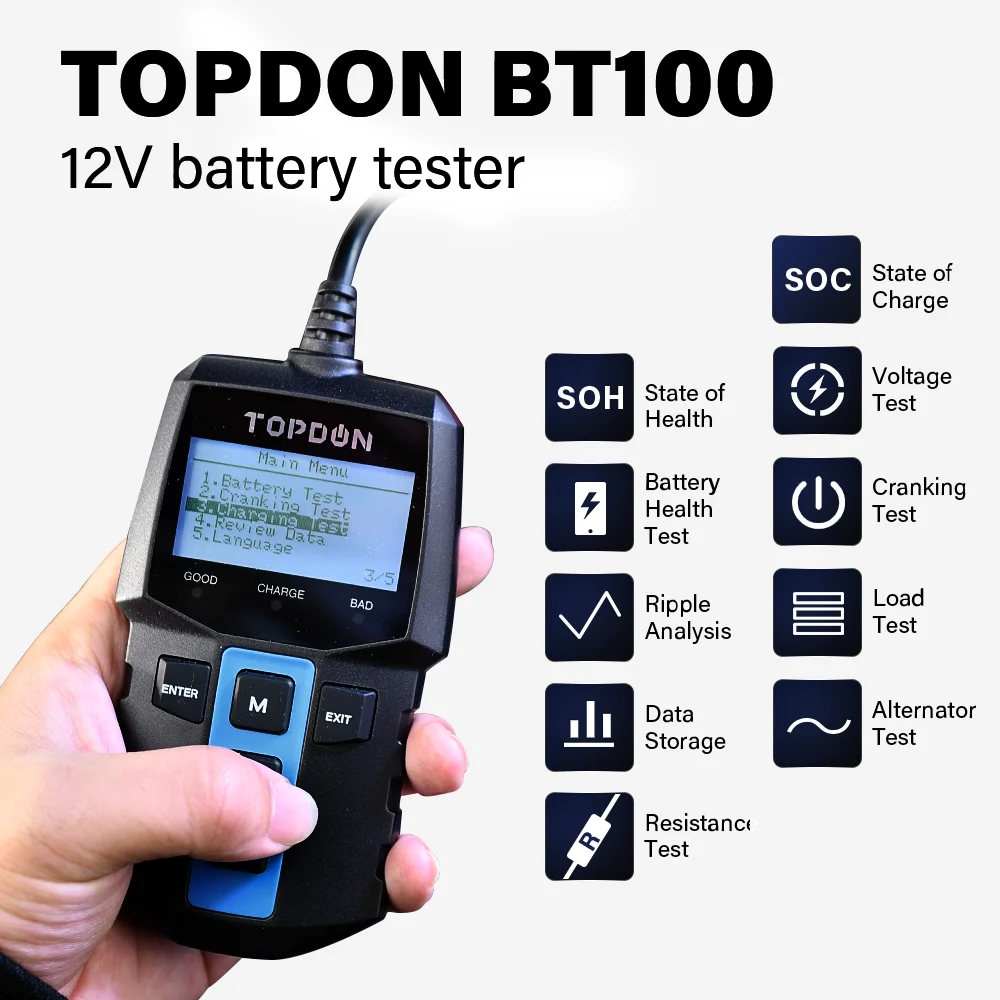Тестер автомобильного аккумулятора TOPDON BT100 100 2000 CCA 12 В цифровой анализатор для