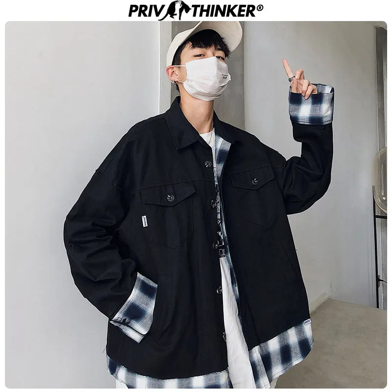 

Privathinker Men's Autumn Loose Jacket Men Korean Patchwork Fake Two-piece Jacket Single-breasted Tops Male Streetwear Jacket